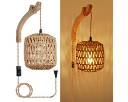 Handgeweven lamp - Wandlamp met stekker - E27 Retro wandlamp met snoer en rotanlook - Landelijke wandlamp, boho-stijl voor slaapkamer en woonkamer (exclusief lamp)