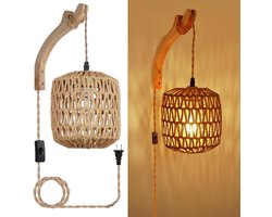 Handgeweven lamp - Wandlamp met stekker - E27 Retro wandlamp met snoer en rotanlook - Landelijke wandlamp, boho-stijl voor slaapkamer en woonkamer (exclusief lamp)