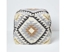 Handgeweven Poef - Voetenbank Zetel - Extra Zitplaats - Traditioneel Kilim Design - 43 x 43 cm - Zwart Goud