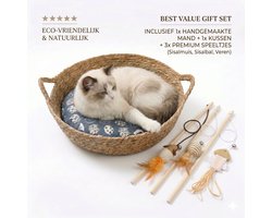 Handgeweven Rieten Kattenmand hondenmand (Ø 45cm) met Kussen & 3 Kattenspeeltjes
