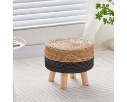 Handgeweven ronde voetenbank van natuurlijk zeegras voor op de bank, tafel, zachte opstap, gestoffeerde voetensteun met antislip poten van dennenhout voor de gang, kantoor, woonkamer, natuurlijk