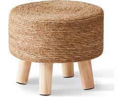 Handgeweven ronde voetenbank van natuurlijk zeegras voor op de bank- tafel- zachte opstap- gestoffeerde voetensteun met antislip poten van dennenhout voor de gang- kantoor- woonkamer- natuurlijk