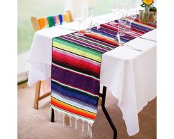 Handgeweven Tafellaken van Katoen met Franje voor Mexicaanse Feesten, Bruiloften en Picknicks - 14 x 84 Inch, Kleurrijke Tafeldecoratie voor Buiten
