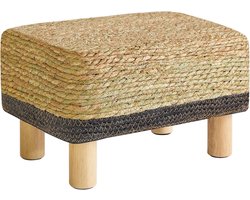 Handgeweven vierkant voetenbankje van natuurlijk zeegras met houten poten, multifunctioneel zitkussen, ideaal als bijzettafel voor woonkamer en slaapkamer, 42 x 30 x 26 cm