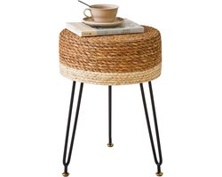 Handgeweven Voetenbank van Zeegras, Luxe Make-up Kruk, Pastoraal Stijl Voetensteun met Gevoerde Zitting en Metalen Poten, Ideaal voor Woonkamer, 32×32×45CM
