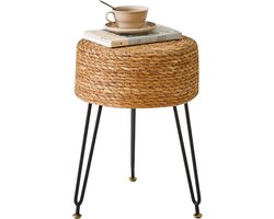 Handgeweven Voetenbank van Zeegras, Luxe Make-up Kruk, Pastoraal Stijl Voetsteun met Metalen Poten, Ideaal voor Woonkamer, 32×32×45CM