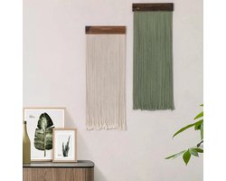 Handgeweven wanddecoratieset (2-delig) — Beige & Lichtgroen | Wandkleed in bohemianstijl, wandkunst en geweven decoratie | Moderne woondecoratie | Ideaal voor de slaap- en woonkamer (boven het hoofdeinde) | Afmetingen: 11,8 x 31,5 inch