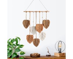 Handgeweven wandtapijt in Boheemse stijl - Wanddecoratie voor thuis - Moderne en stijlvolle bladwanddecoratie - Groene verendecoratie - Geschikt voor woonkamers, slaapkamers, appartementen, kinderkamers en accentmuren in landelijke stijl - Bruin