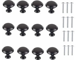 Handgrepen Knoppen - 12 stuks - Meubelgreep - Kastdeurknoppen - RVS - zwart - Ø 27 mm - Ronde Paddestoelvormige - met schroeven - voor Keuken, Kast, Lade, Slaapkamer, Badkamer