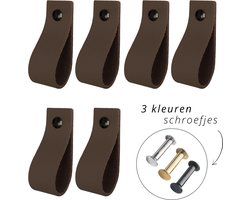 Handles and more - 6x Leren handgrepen lusjes - Donker Bruin - maat S (15,8 x 2,5 cm) - incl. 3 kleuren schroefjes (handgreepjes - leren grepen - greepjes - leren lusjes)