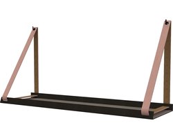 Handles and more -  Stalen wandplank zwart 70cm + leren plankdragers Zachtroze