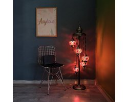 Handmade Turkse lamp - vloerlamp met 5 bollen - mozaïek in rood - unieke decoratie voor sfeervolle verlichting