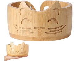 Handmade Yarn Bowl - Houten Gebreide Kom - 17 x 10 cm - Wolopslag Kom - Ronde Garenschaal met Snijgaten - Katvorm - Garenschaal voor het Opslaan van Wol (Houtkleur)