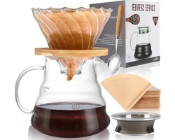 Handmatige glazen koffiezetter set met druppelaar, koffiekannetje van 500ml, lepel en 40 papieren filters voor perfect gezette koffie