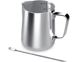 Handmatige koffiemelkkan - kan met maatstreepjes en latte art pen - melkkan voor de creatie van cappuccino en espresso door een barista - Melkkannetje - RVS - Barista - 350ML - Melkkannetje opschuim - Milk Pitcher - Espressomachine
