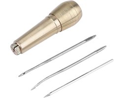 Handnaald met koperen handvat, 3 naalden voor reparatie, ideaal voor handstikken van canvas en leer, perfect voor DIY-projecten