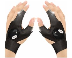 Handschoenen met zaklamp voor vissen en buitenactiviteiten / werklamp – Set van 2 vingerloze LED-handschoenen met verlichting, verstelbare bandjes (duim & wijsvinger), geschikt als fietshandschoenen en voor overlevingssituaties