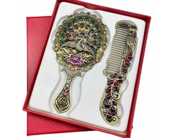 Handspiegel - Vintage Handspiegel en Kam - Zinklegering - Luxe Make-up Spiegel - met Strass Stenen & Vlinder Design - Compacte Spiegel - voor Kaptafel, Tas & Reizen - Uniek Cadeau