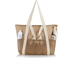 Handtas - Tas - Strandtas - Strandtas voor Dames - Grote Waterdichte Mesh Badtas - Shopper - Opvouwbaar - Waterdichte - Zandbestendige - Opvouwbare Tas voor Dames - met Ritsvakjes van Mesh - voor Dagelijks Gebruik bij het Zwembad - Bruin
