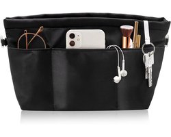 Handtasorganizer maat L, luxe tasorganizer, nylon organizer, tas in tas, tasorganizer met sleutelhanger, waterdicht, meerdere vakken, met rits, binnenzakken Zwart