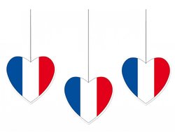 Hangdecoratie hartje van vlag Frankrijk - 3x - 14 cm - Franse vlag EK/WK landen versiering - karton