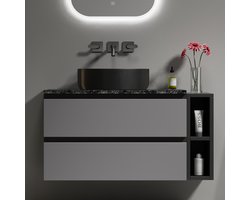 Hangend badkamermeubel met wastafel - Moderne opbergoplossing voor kleine badkamer - 80 cm breed - Zwart-grijs - Marmeren werkblad - Zwart rond keramisch bekken - Zachtsluitende lades