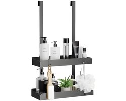 Hangend Doucheplank 2 Lagen Organizer met 4 Haken - Roestvrij Staal Mat Zwart - Badkamer Opbergrek zonder Boren - Glasvriendelijk Ontwerp