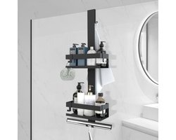 Hangend Doucherek Roestvrij Staal - Doucheplank Zonder Boren voor Frameloze Glazen Deur - Zwarte Douchemand met 2 Opbergvakken en Handdoekhaken - Geschikt voor 12 mm Glasdikte