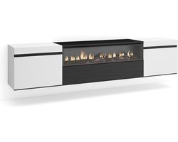 Hangend TV-meubel met LED-haard – 200 x 45 x 35 cm – Zwart/Wit – Voor TV’s tot 80 inch – Moderne wandkast met opbergruimte