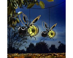 Hangende bijen tuinverlichting op zonne-energie voor buiten, buitenbeeldjes/figuurtjes met verlichting voor terras, balkon, tuin of housewarming (2 stuks)