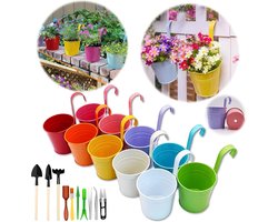 Hangende bloempotten - Set van 10 kleurrijke tuinpotten met gereedschap, afvoergat en afneembaar handvat - Metalen bloempot voor planten in diverse kleuren.