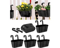 Hangende bloempotten voor reling hek - set van 5 zwarte plantenbakken voor Balkon - metalen ijzeren emmers met haken en afvoergaten - buiten tuin woondecoratie (275 cm)
