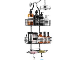 Hangende Douche Caddy zonder Boren - 3-laags Badkamer Organizer met Zeepbakje en Haken - Roestvrijstalen Doucherek - Zwart