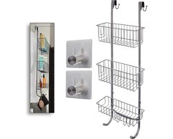 Hangende Doucheplank Grijze/Chromen Afwerking - 3 Doucheplanniveaus - Roestvrij Staal - Douchecaddy Roestvrijstalen Lijmhaken 855cm 30cm 11cm Doucherek