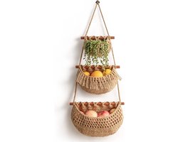 Hangende fruitmand, 3-laags organizer voor over de deur, handgemaakte geweven jute wandmanden voor organisatie, BOHO-decoratie, opbergruimte voor keuken, woonkamer en badkamer/slaapkamer.