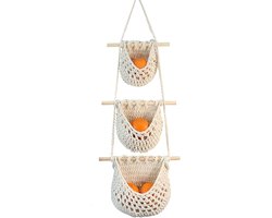 Hangende Fruitmand - 3-Laags Wandmodel - Handgevlochten Katoenen Rieten Mand - Opbergkorf Voor Keuken - Badkamer - Slaapkamer - Opbergen Fruit - Groenten - Sieraden - Decoratie - Woonkamer - Bohemian Stijl - Planken - Etagère