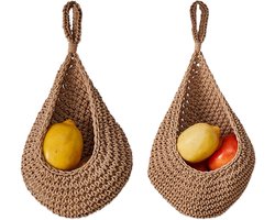Hangende Fruitmand - Hangende Groentemand - Handgeweven Design - Ruimtebesparende Wandmontage - Natuurlijk Rotan Materiaal - 2 Stuks Set - Voor Keuken Opslag Van Uien Aardappelen Knoflook