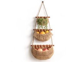 Hangende fruitmand - Hangorganizer - Hangende Opberger - 3-laags deurorganizer - Geweven jute wandmand - Opbergtassen - Over De Deur Hangende Wandorganizer - Voor Ingang, Garderobe, Kast, Badkamer, Deur