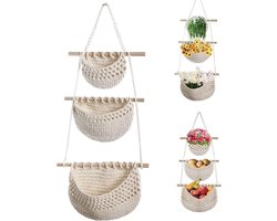 Hangende fruitmand - Katoenen wandmand - 80 cm - Hangende opberger aan de achterkant - Wanddecoratie - Drielaagse wandmand - Voor aan de muur, kinderkamer, Boheemse wandmand, keukenmand, hangende fruitmand van katoenen touw