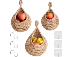 Hangende fruitmand voor de keuken - 3 stuks gevlochten hangmanden van katoenen touw - boho wandmand