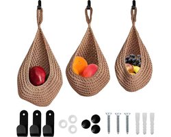 Hangende fruitmand voor keuken - set van 3 - wandmand voor groenten en fruit - wandplant hangmand - badkamer en woonkamer organisatie met natuurlijk katoenen touw