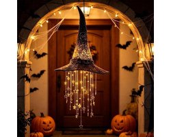 Hangende Halloween-decoratie - Halloween decoratie - Halloween-cadeaus - Oplichtende tovenaarshoed - Heksenhoeddecoratie - Kwastjes met sterrenmotief - Hangende ornament in de vorm van een tovenaarshoed - Geschikt voor veranda's of terrassen