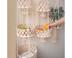 Hangende handgemaakte geweven katoenen touw opbergmanden met haken - 2 etages fruitmand - groentemand wandmand plantenmand - decoratieve hangmand voor keuken woonkamer badkamer