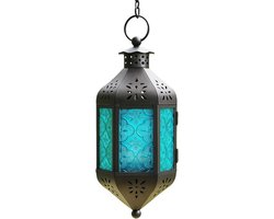 Hangende kaarsenlantaarn - Marokkaanse stijl, blauw glas, met ketting
