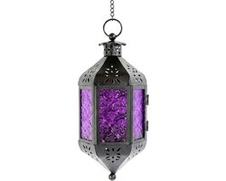 Hangende Kaarslantaarn Paars Glas in Marokkaanse Stijl met Ketting