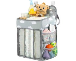 Hangende Luier Organizer – Commode en Ledikant Box Organizer – Grijs met Wolkjes – Handige Baby Accessoires Organizer – Babykamer Opberg Organizer met Haken en Riemen