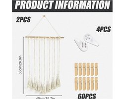 Hangende macramé foto wanddecoratie - 2 stuks - echte kleur - katoen