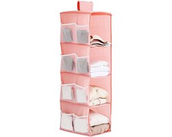 Hangende Opbergplank voor Kledingkast met 4 Compartimenten en 12 Mesh Vakken, Ideaal voor Slaapkamer en Organisatie, Vouwbaar en Universele Pasvorm, 30 x 22,5 x 80 cm (Roze)