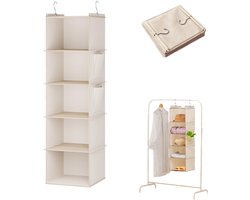 Hangende organizer met vakken - Kledingopberger - Organizer kledingkast met 5 vakken - Stoffen opberger met dubbele zijzakken en metalen haken - Opvouwbaar - 30x30x100cm - Ruimtebesparend ophangsysteem voor kledingkasten