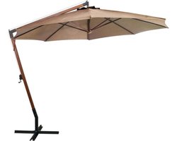 Hangende parasol Beige Zandkleur Taupe Dennenhout | Watervast – UV bestendig – Kleurvast Zweefparasol – Massief houten paal Bamboe | Stabiel – 290 cm hoog | Tuin decoratie – Parasol – Zonparasol - Tuinparasol